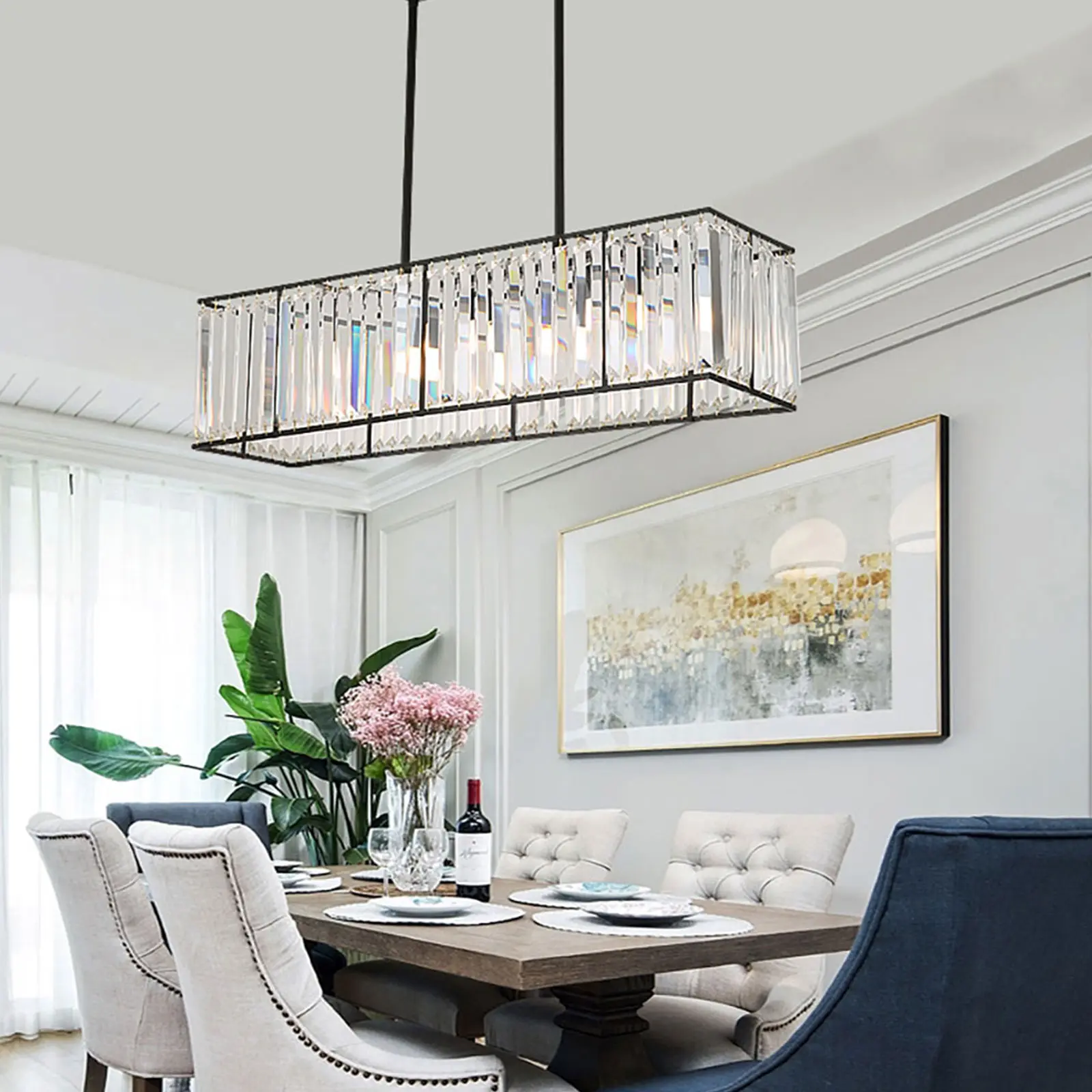 CNCEST 5-Light Modern Rectangular Black Iron & Crystal Chandelier, Elegant Ceiling Light Fixture with Crystal Accents, Bright Indoor Lighting for Dining Room Ambiance, Ceiling Lights