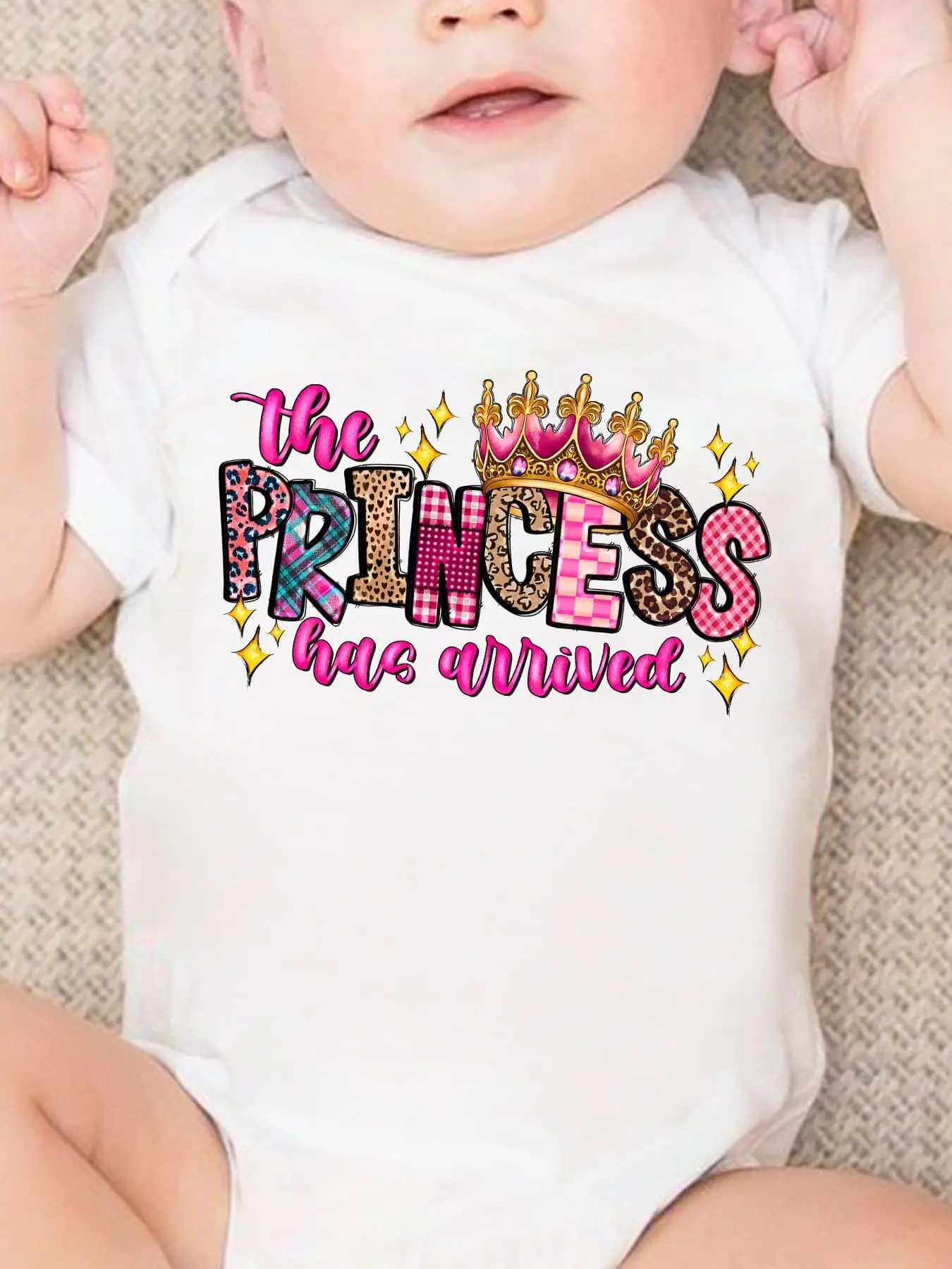 Short‑Sleeve Baby Bodysuit, The Princess Has Arrived Crown and Glitter Star Print Soft Cotton Infant Onesie