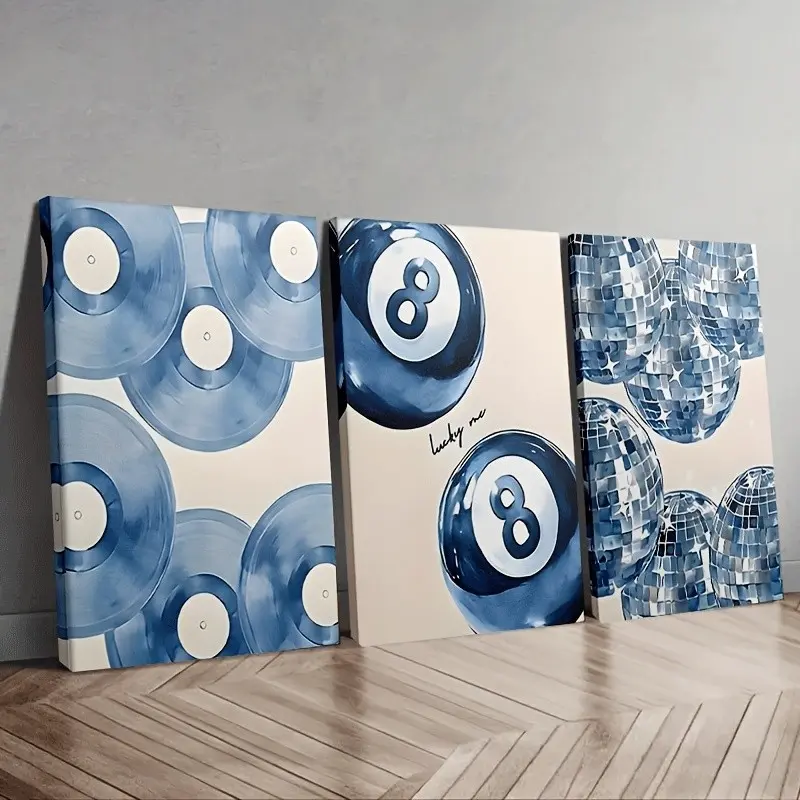 3-Piece Blue No Art Triptych Wall Decor Set, Modern Minimalist Abstract Painting Print Kit for Bedroom Home Office Living Room Decoration