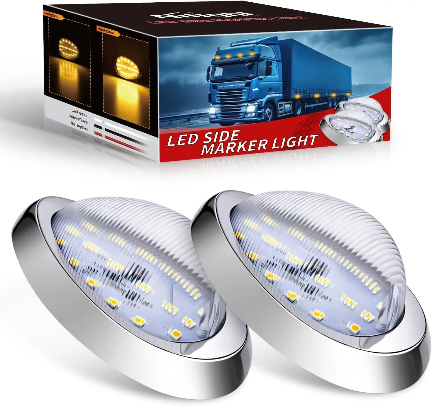 Nilight 2PCS 6 Inch Amber Teardrop Oval Side Marker Lights with Turn Signal 18 LED Clear Lens Chrome Housing IP67 Waterproof Universal Surface Mount Lamp for Freightliner Trucks Trailers Sleeper Cab