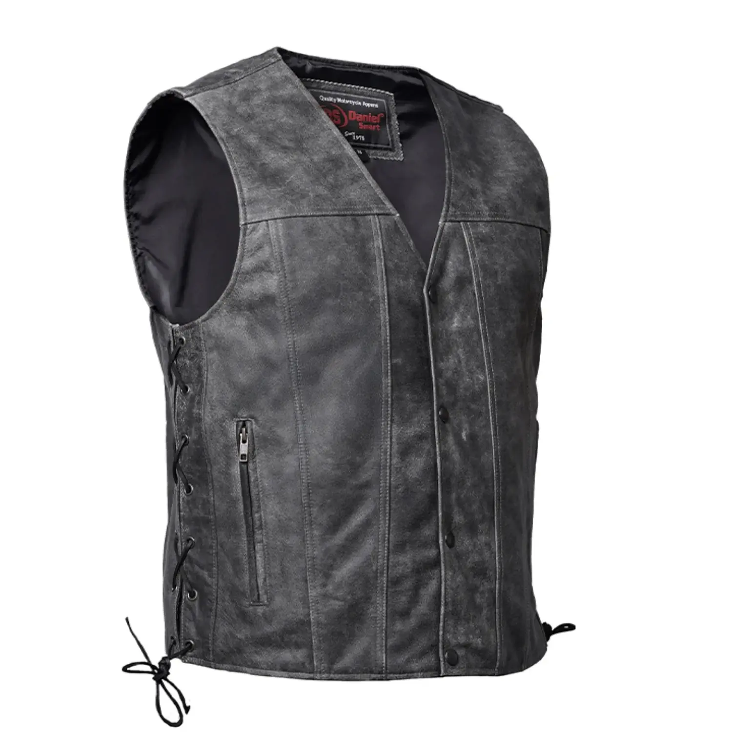 DANIEL SMART Ashra Men's Motorcycle Leather Vest - Bike Style, Laced Riding, Motocross Style Protective Vest, Soft Diamond Gray Cracker Cowhide, V-Neck, Side Laces, YKK Pockets, Antique Snaps, Conceal Carry, Cell Phone Pocket, Reinforced, Bike Style Vests