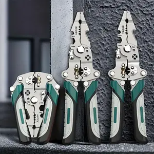 16-in-1 Heavy-Duty Multifunctional Electrician's Tool with Folding Mechanism – Heavy-duty metal construction, ergonomic handle, and safety lock; features wire strippers and crimpers with ergonomic grips, suitable for wiring and electrical repairs.