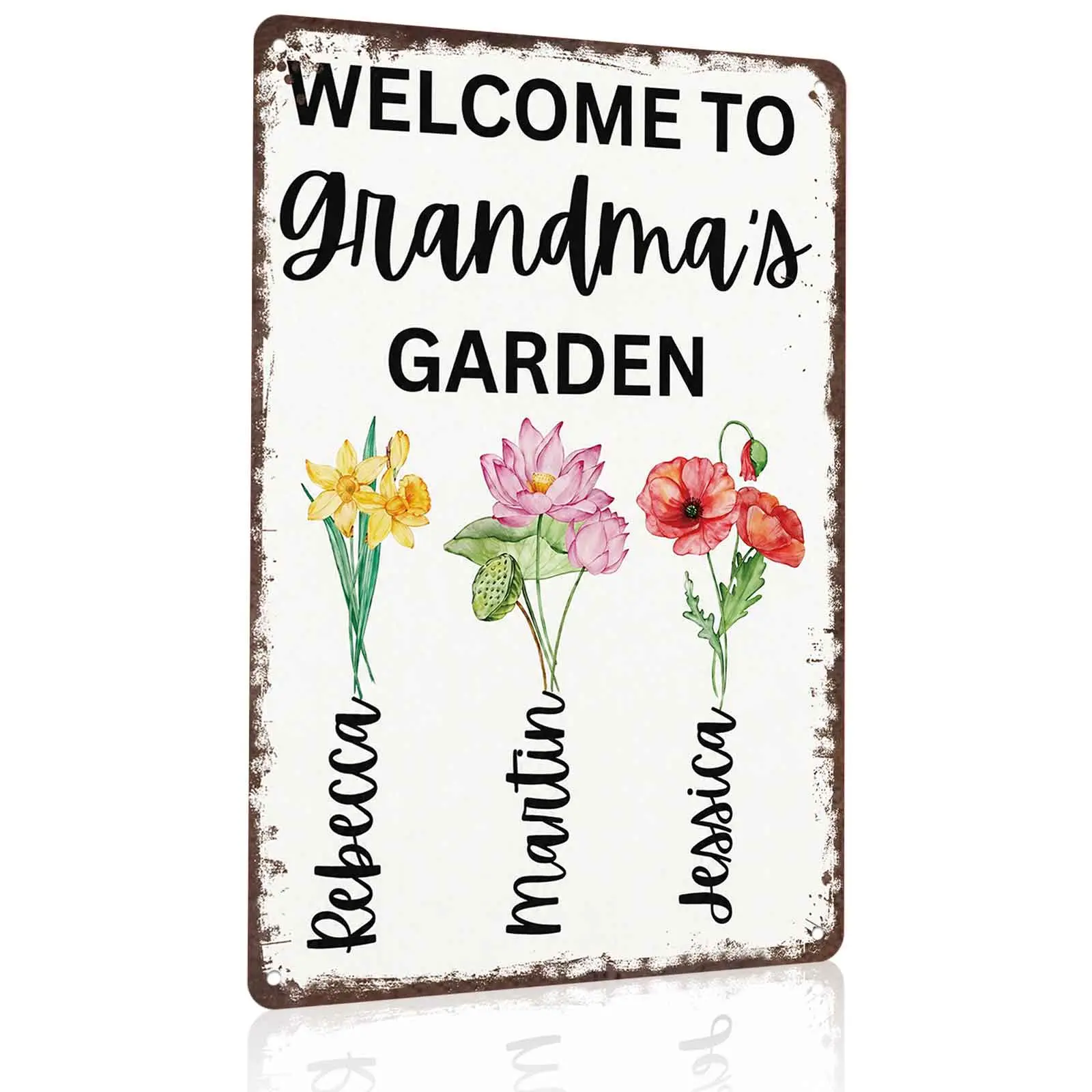 Personalized "Welcome to Grandma's Garden" plaque (8x12 inch aluminum), perfect for backyard gardens, porches, and grandma's outdoor spaces. Watercolor flower design, customizable weatherproof decor for family gardens