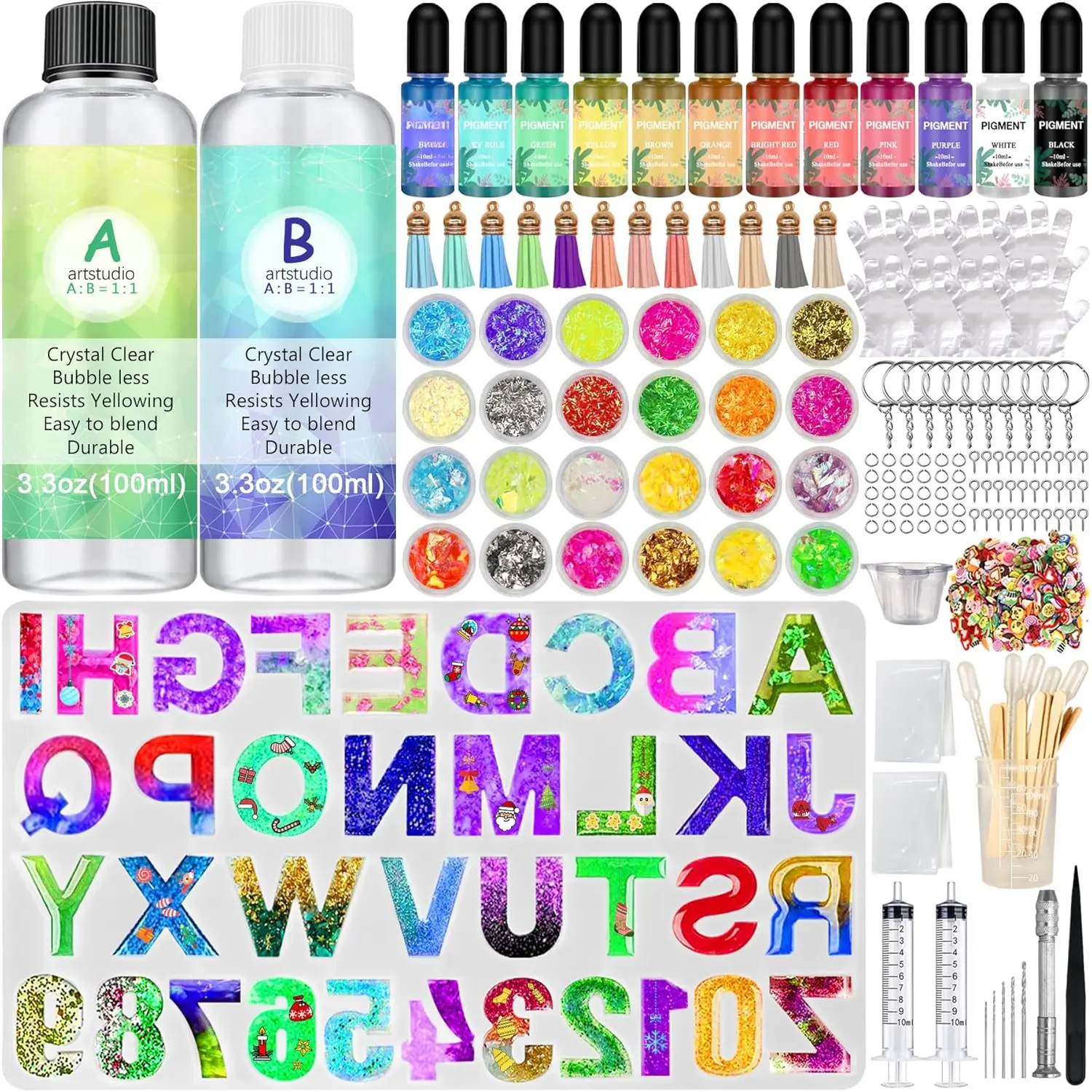 Alphabet Mold Starter Kit 169 count Letter   Molds Reversed Backward Number Molds with Epoxy  Pigments Tools for Beginners Adults  Pendant