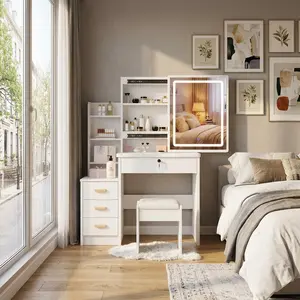 Lighted Makeup Vanity Desk Sliding Mirror 3 Color Adjustable Light Dressing Table with Drawers Shelves Padded Stool Multifunctional Cosmetic Dresser Furniture for Home Bedroom Use