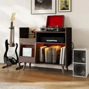33.5" Large Record Player Stand with Sliding Door, Mid Century Vinyl Record Storage Cabinet with Charging Station, Holds Up to 350 Albums Player Turntable Stand for Living Room Home Office