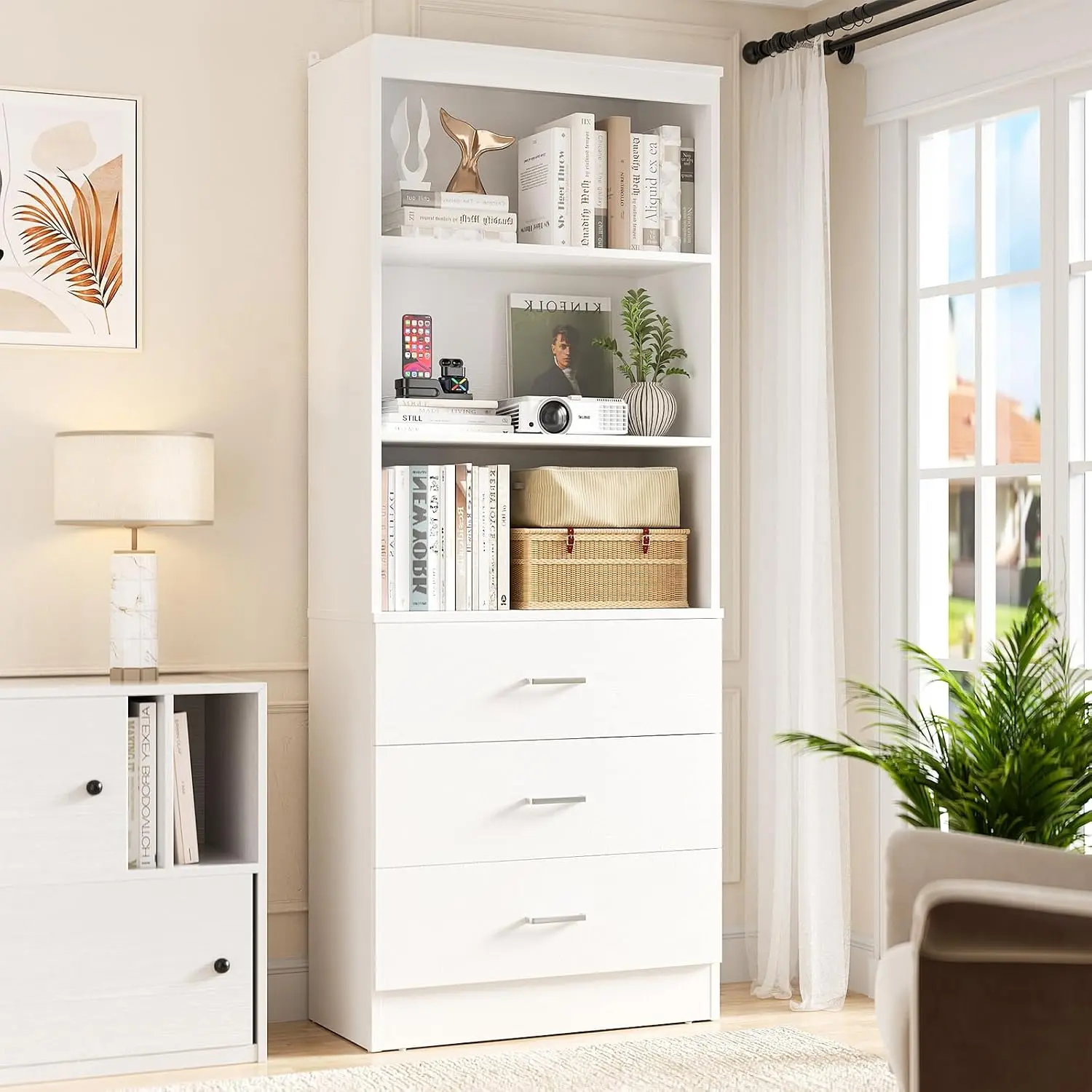 71" Tall Bookshelf with 3 Wood Drawers, 6-Tier Wooden Bookcase with Adjustable Shelves, Modern Storage Cabinet Organizer, White