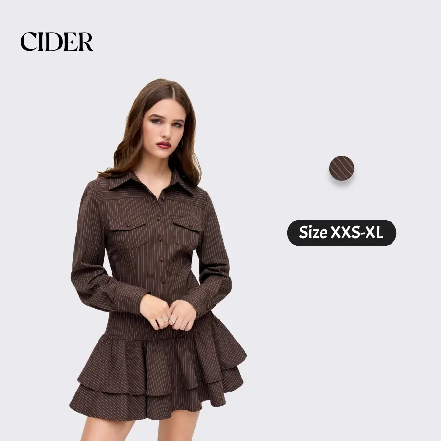 Cider Mini Dress – Preppy Academia Aesthetic Women's Office Work Daily Casual Gown, Striped Button Up Layered Ruffle Hem Long Sleeve Dress for Summer SohoChic