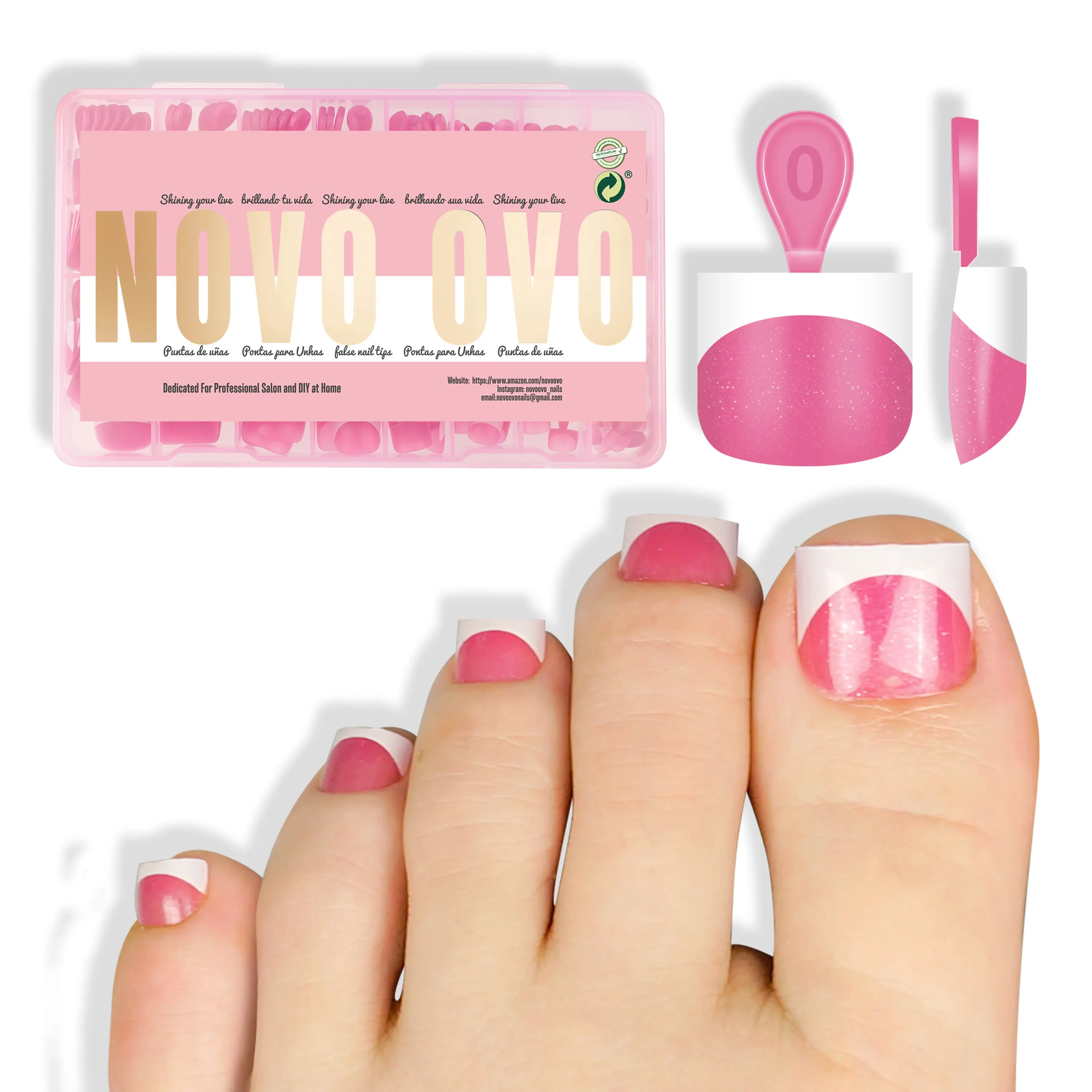 NOVO OVO Extra Short Press On Toenails, Rose Pink French Tip, Sharp Square Soft Gel Full Cover Tips for DIY Pedicure & Toe Acrylic Nails, 16 Sizes, 224 Pcs, French Tip Toenails