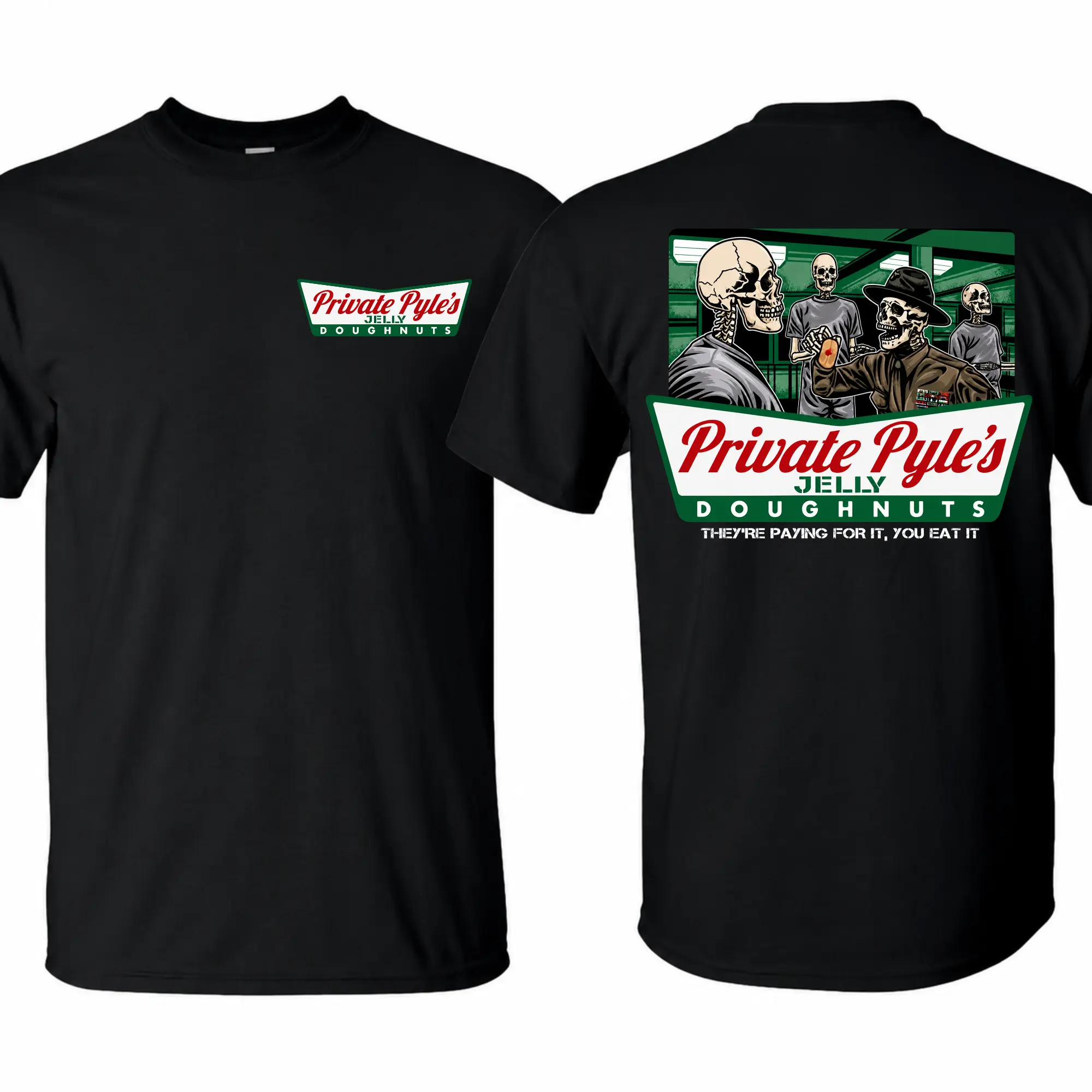 Private Pyle's Jelly Donut T-Shirt with Skeleton Drill Sergeant, Reversible Military Humor Graphic Tee, Gift for Veterans Day and Military Enthusiasts, Unisex Cotton Fabric for Men & Women, Trendy Fashion