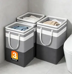 3-Pack Large Laundry Basket Waterproof Easy to Store Freestanding Collapsible Tall Clothes Hamper with Extended Handles for Dorm Family Gradient Grey 75L Traveling Laundry Bag