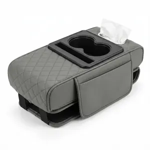 #SummerVibes Car Armrest Cushion,5-in-1 Center ConsoleCover with 2 Storage Bags Cup Holder, Tissue Box Slot,Phone Slot for Sedans, Car Accessories Interior Organizers(Black,Grey)
