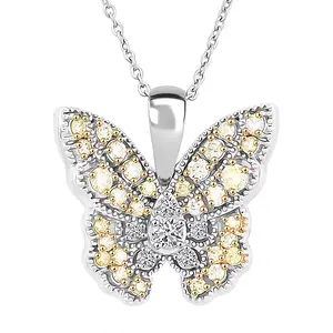 Luxuriant Lab Grown Yellow Diamond IR and Lab Grown Diamond VS 0.50 ctw Butterfly Pendant Necklace in Rhodium Over Sterling Silver 20 Inches Christmas Gifts