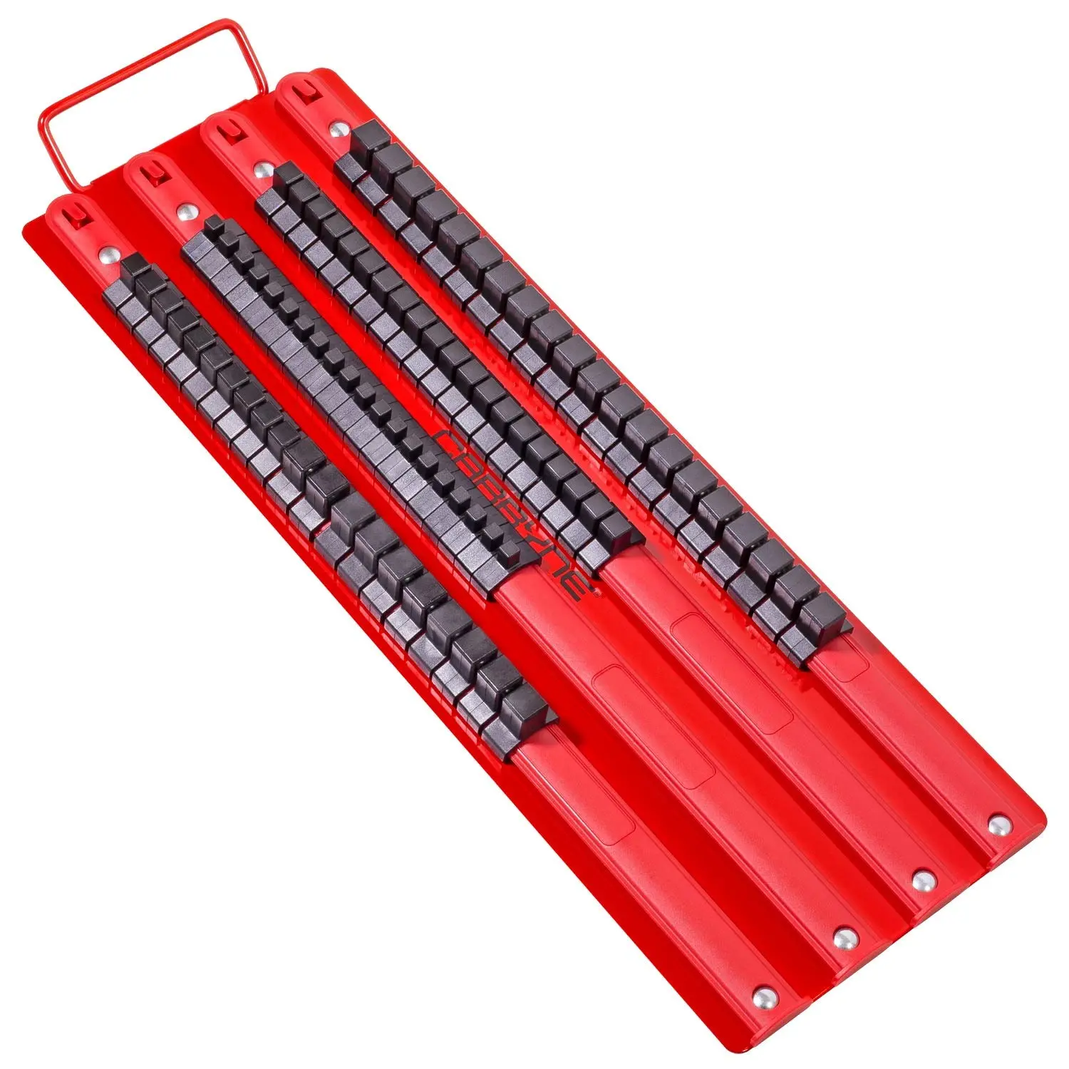 CARBYNE 80 Piece Socket Organizer Tray, Fits 1/4-Inch, 3/8-Inch, 1/2-Inch Drive Sockets, Heavy Duty Socket Rail, Red Rails with Black Clips
