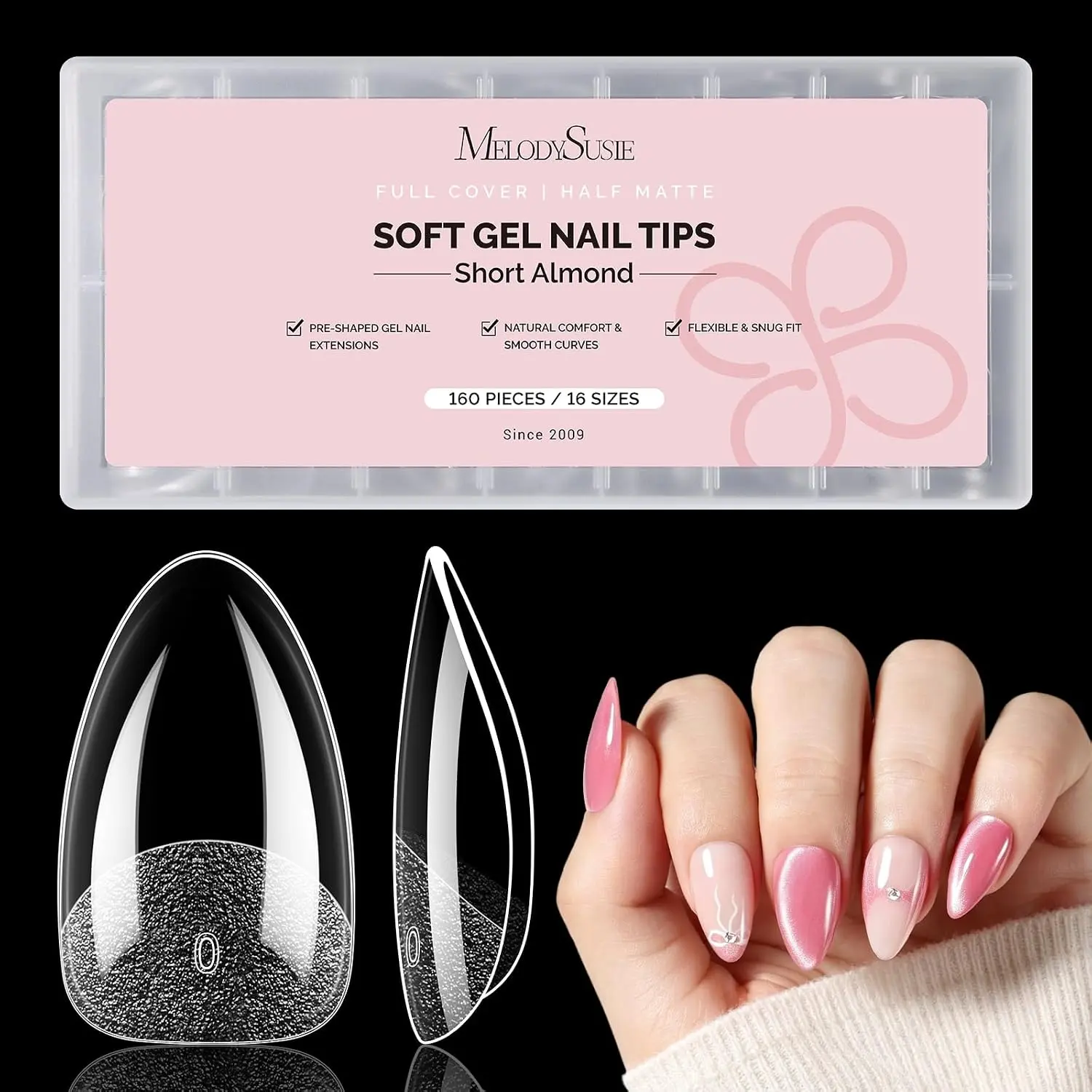 MelodySusie Nail Tips - 16 Sizes 160 Pcs, Pre-Shaped Soft Gel, Half Matte Full Cover Clear Acrylic Press on Nails for DIY Extension & Salon Use,Long-Lasting Manicure