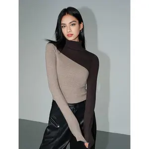 Asymmetric Patchwork Long Sleeve Mock Neck Knit Top