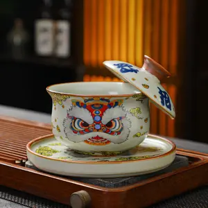 Chinese Style Lion Dance Rotating Gaiwan Tea Bowl 2026 New Design High Grade Kung Fu Tea Set Vintage Three Piece Tea Cup Home Tea Brewing