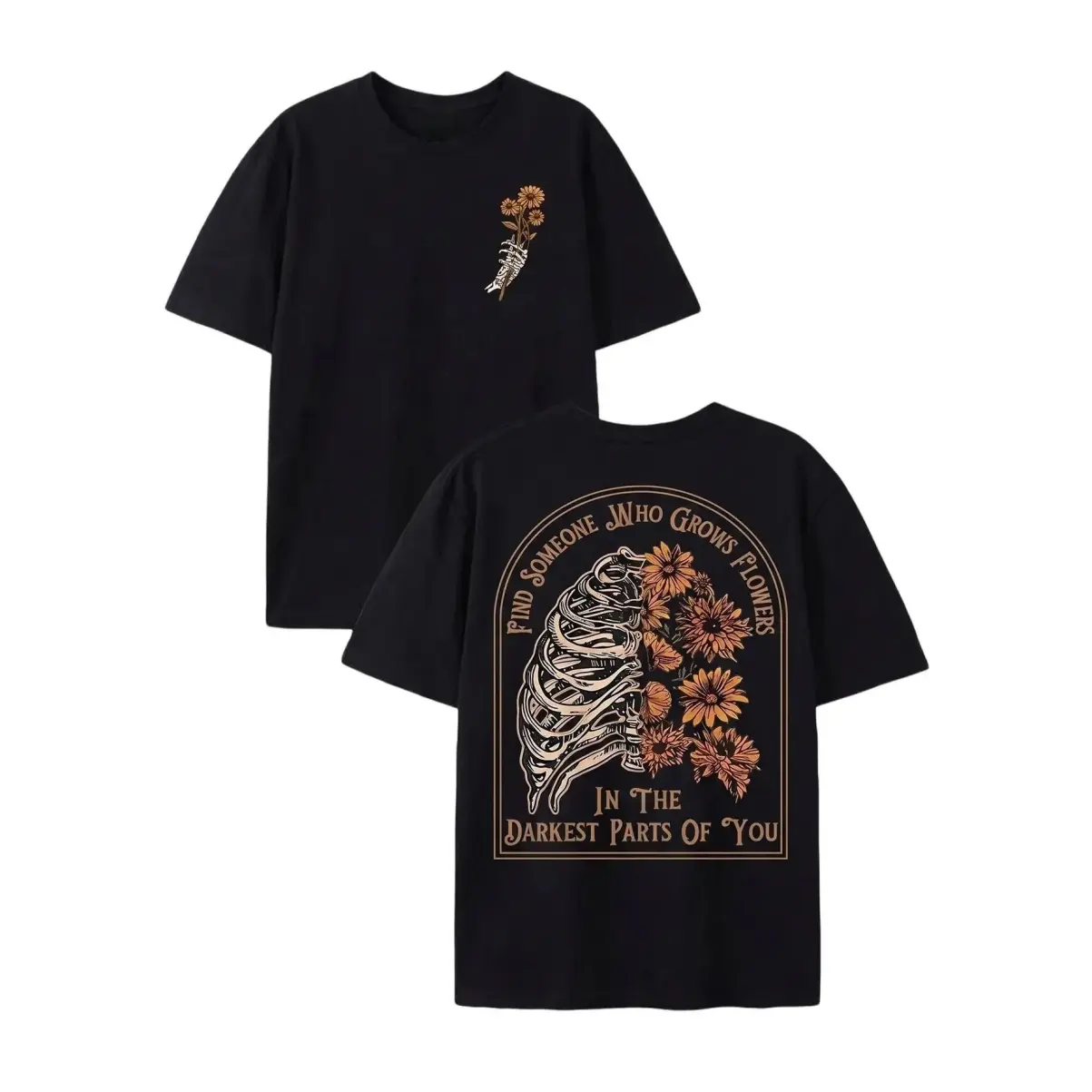 Men's Dark Romantic Graphic Tee."Grows Flowers" Skeleton Ribcage Back Print T-Shirt.Vintage Emo Indie Alternative Streetwear.