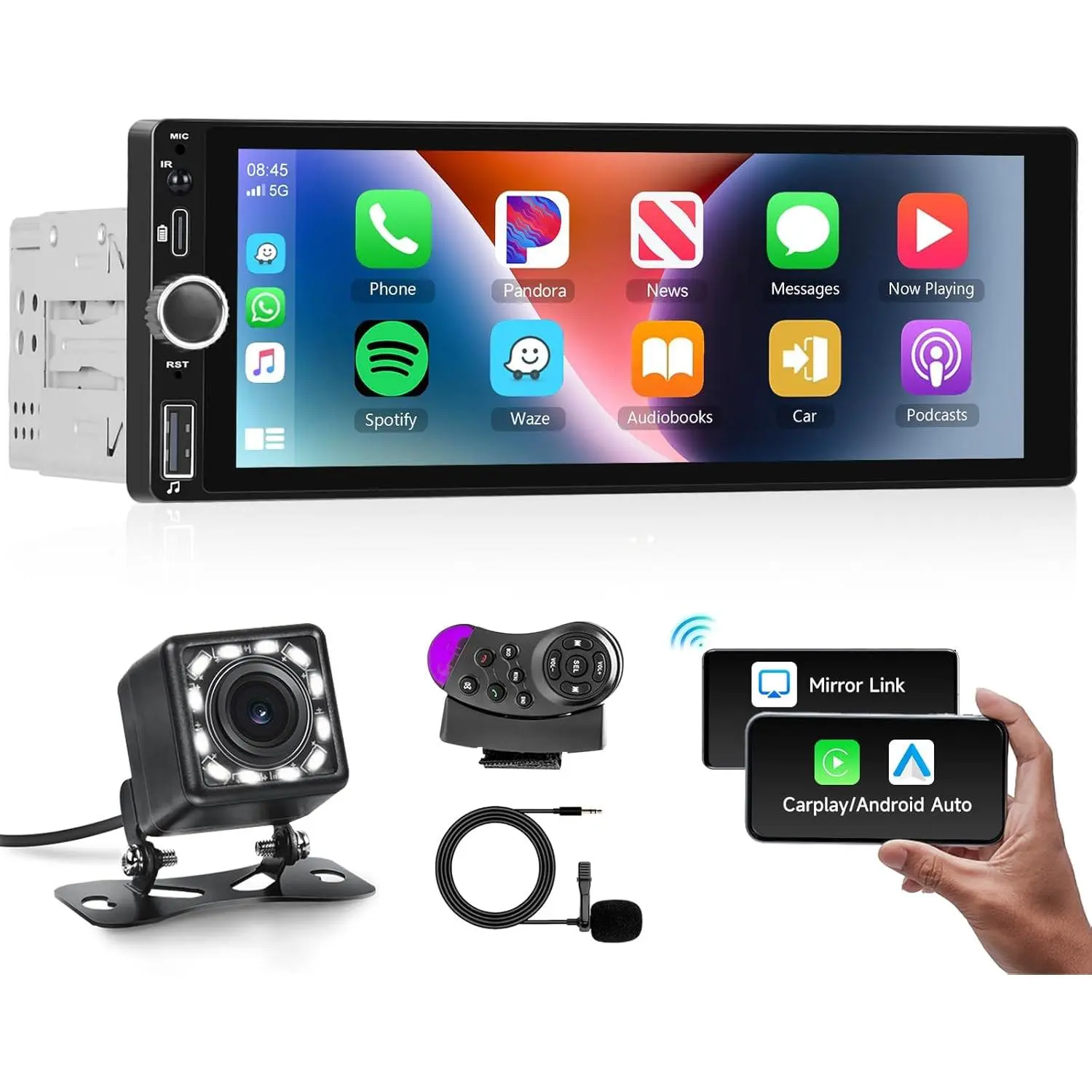 Single Din Car radio with Wireless CarPlay/Android Auto, Bluetooth Handsfree Car Radio 6.86 Inch IPS Touch Screen Single DIN MirrorLink FM/EQ/AUX/USB/SWC/Type-C with Camera MIC,SummerVibes