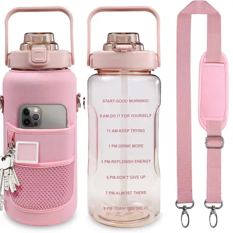 Half Gallon Water Bottle with Sleeve, 64OZ Motivational Water Bottle with Straw & Time Marker, BPA Free Leakproof Gym for Sport Workout