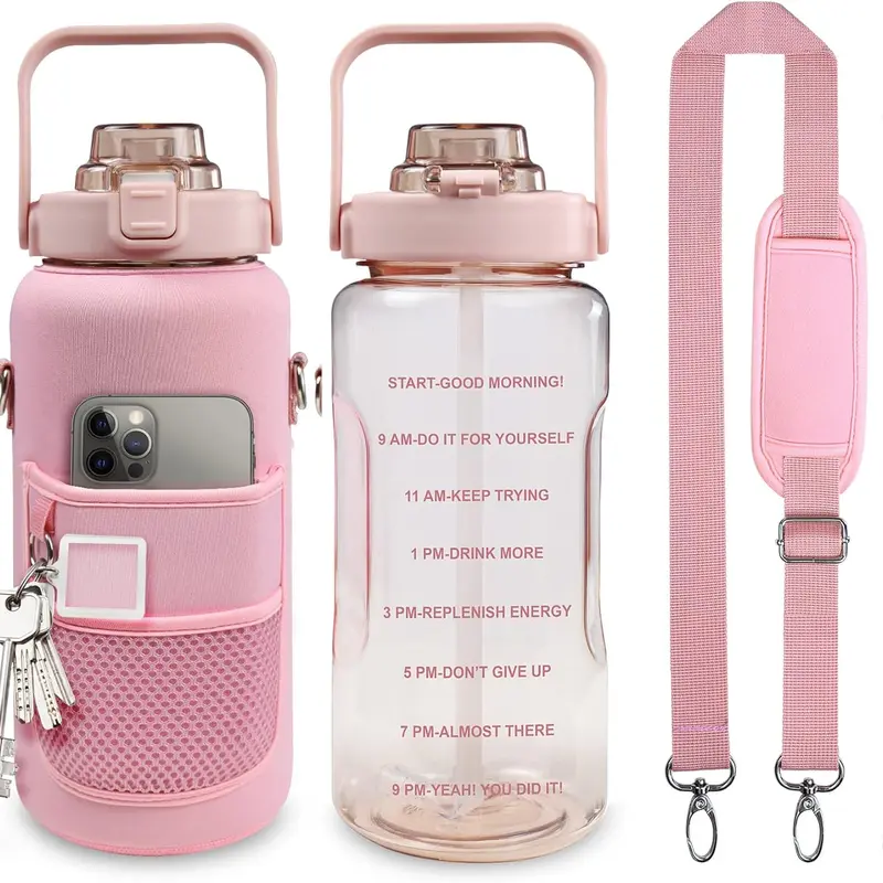 Half Gallon Water Bottle with Sleeve, 64OZ Motivational Water Bottle with Straw & Time Marker, BPA Free Leakproof Gym for Sport Workout