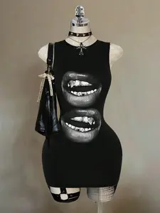 Women's Sleeveless Tight-Fitting Dress, Street Style Lip Print Design, Vintage College Chic, Sexy Cute Y2K, Boho Hippie Festival Wear, Streetwear, Womenswear, Casual Wear
