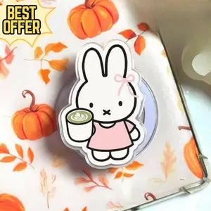 Cute Bunny Miffy Magsafe Phone Grip, Kawaii Pink Rabbit with Coffee Phone Stand, Cute Decor Item for Phone, Aesthetic Gift for Her magnetic mount sticky pop socket