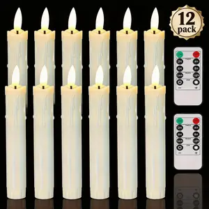 12 Pack Ivory Flameless Taper Candles, Battery Operated LED Candles with Remote Control, Warm 3D Flickering Flame Light, 6.88" Tall for Christmas, Window, Mantle & Home Decor