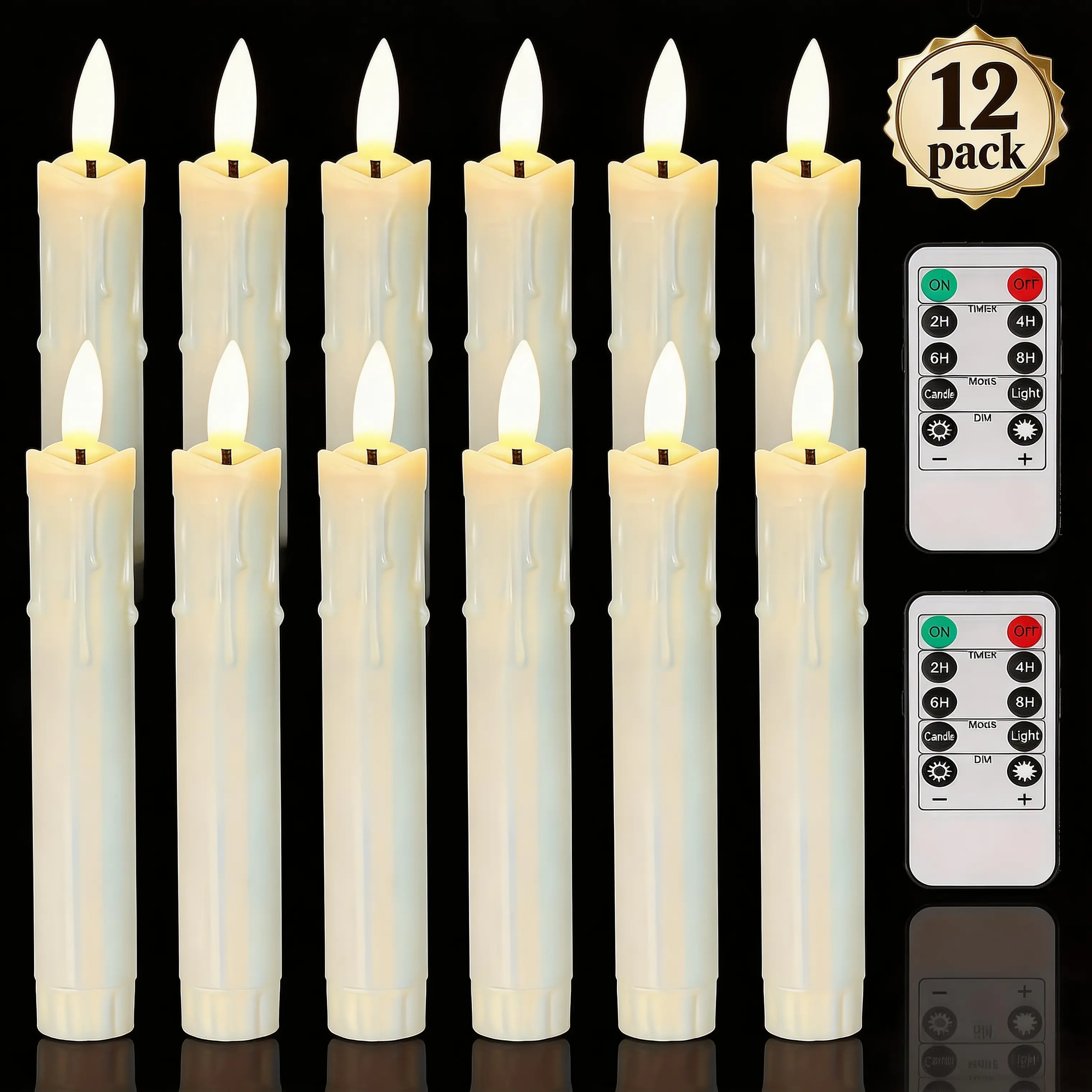 12-Pack Ivory Flameless Taper LED Candle Lights, Battery-Operated Ambient Home Indoor Lighting with Remote Control, 6.88in Tall, Warm 3D Flicker Decorative Lights for Christmas Window Decor, Led Candle Light