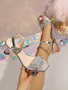 Gold Rhinestone One-Strap Heel Sandals for Women, Summer Square Toe Open-Toe Shoes, Elegant Party Ankle Buckle Mid-Heel Heels, Glitter Sandals