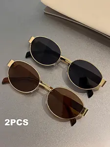 〖Summer Turn Up〗2 PCS Retro Oval Sunglasses for Women Trendy Sunglasses Classic Shades UV400 Protection Gold Rich Girl Sunglasses Women Polarized Metal Frame
