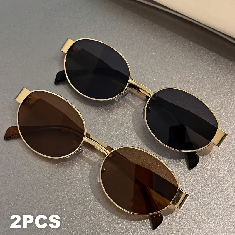 〖Summer Vibes〗2 PCS Retro-Inspired Oval-Shaped Polarized Sunglasses, UV400 Protection, Golden Metal Frame, Fashion Accessories for Women, Summer Trendy Shades, Polarized Glasses