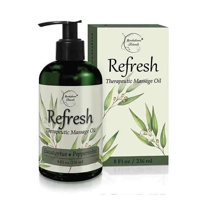 Brookethorne Naturals Massage Oil with Eucalyptus & Peppermint for Sore Muscle Relief, Silky Hydrating Body Care Oil, Nut-Free Formula, 8 oz, Smooth, Hydrate, Apricot, Apricot Oil