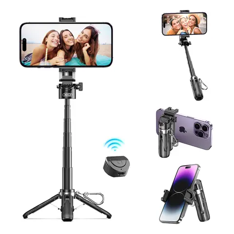 4-in-1 Folding Aluminium Alloy Selfie Stick - Adjustable Compact Tripod, Bluetooth Remote, Mobile Device Clip, All-in-1 Monopod Stand Selfie Accessories for iPhone 16/15/14/13 Series, Vlogging Devices