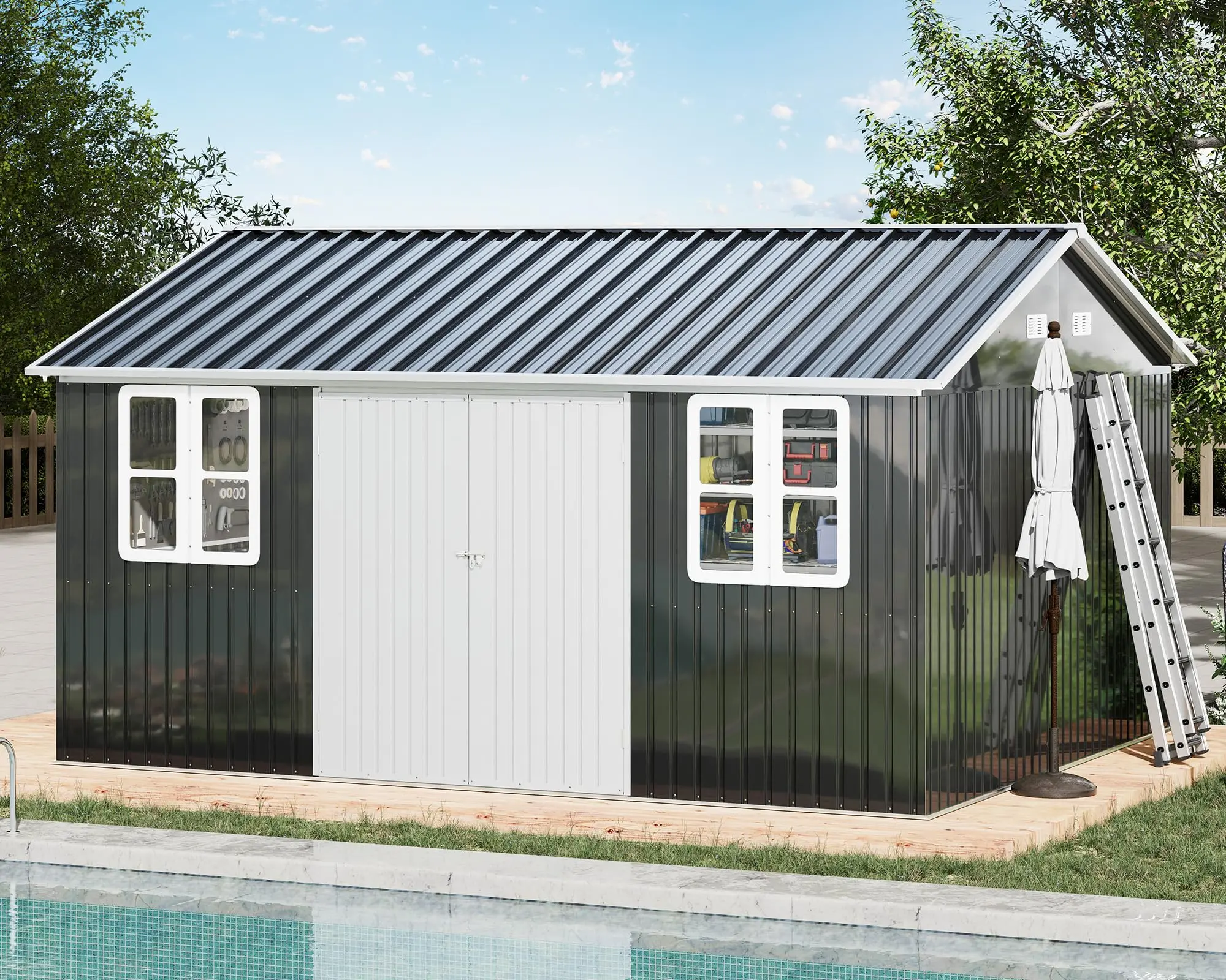 [Summerwins] [SummerFinds] AMERLIFE Shed 4-pane Window Nordic Cottage Storage Shed Outdoor Metal Garden House Double Hinged Lockable Doors for Backyard Garden Patio Lawn