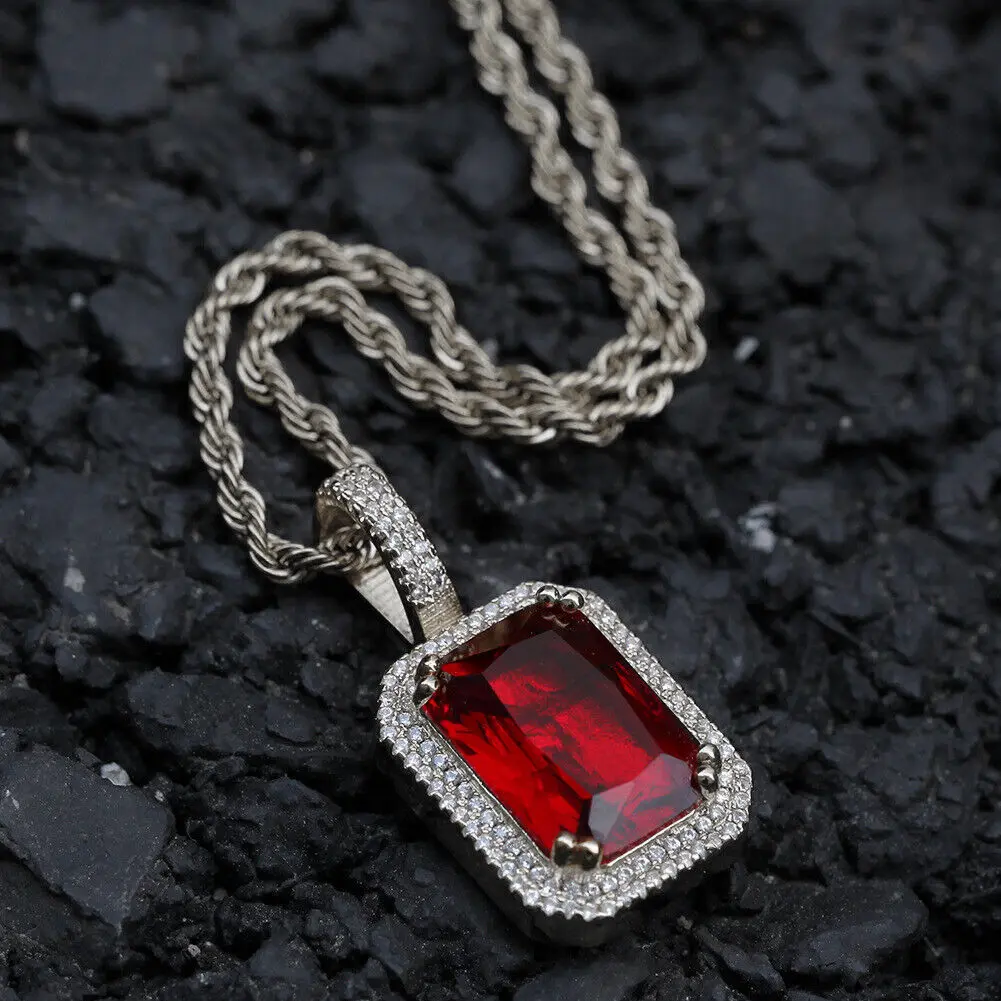 MaxBling81 High-End Brass Square Pendant Cuban Link Chain - 3mm, 18"-24" Rope Chain, Gemstone Studded Gold-Tone Synthetic Ruby Necklace with Red/Blue/Green Gemstones, Daily Wear Luxury Costume Jewelry, Blue Gemstone Necklaces