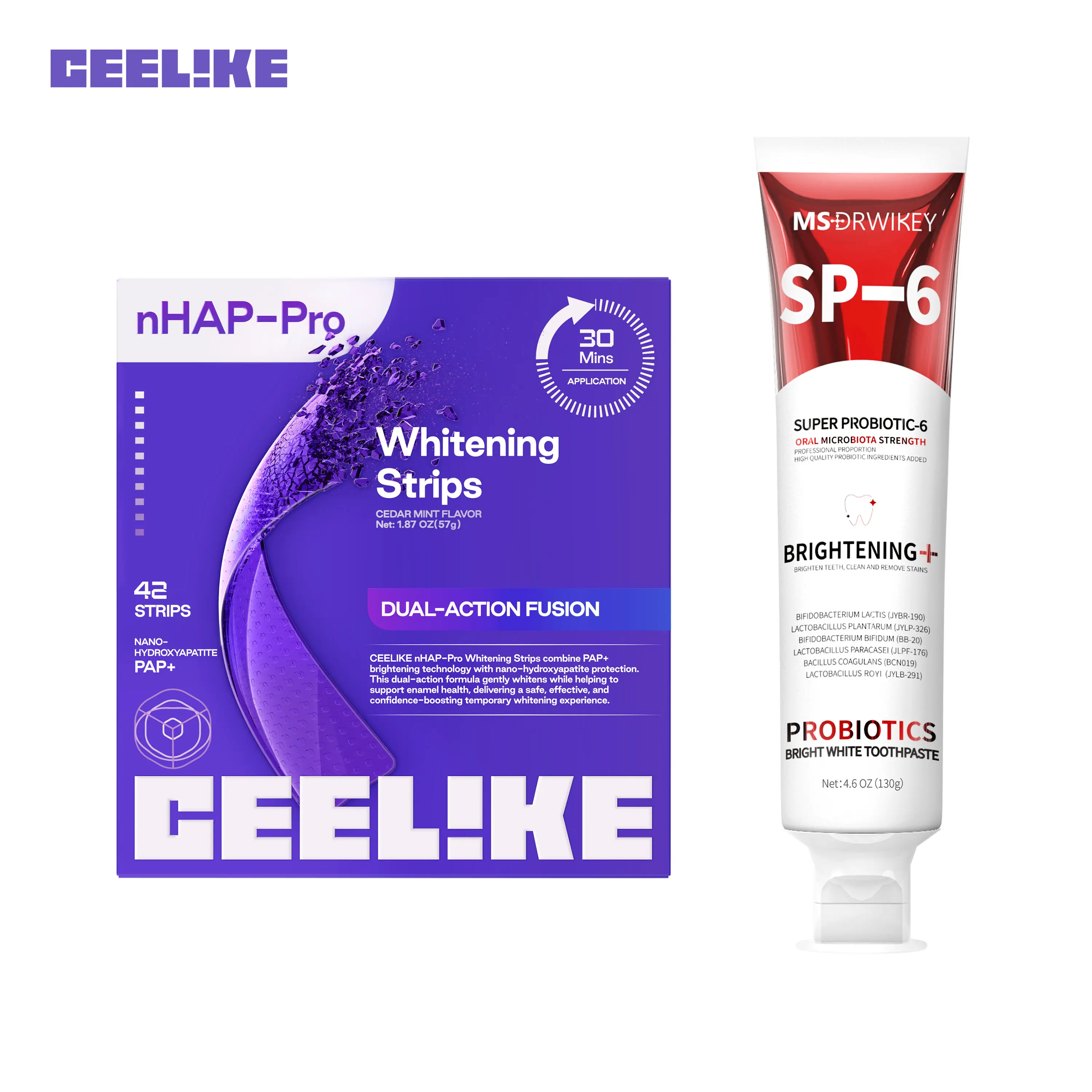 CEELIKE Teeth Whitening Kit Bundle with 42 Peroxide-Free Purple Whitening Strips & Nano-Hydroxyapatite Mint Toothpaste for Oral Care, 21 Treatments, Water, Antibacterial, 42 Strips (21 Sessions)+75Nhap