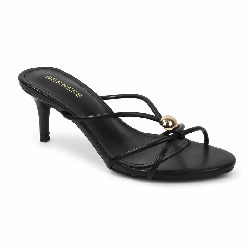 BERNESS Fifi Women's Elegant Leather Footwear - Open Toe Slip-On 2" Kitten Heels, Basic Ankle Sandals with Metallic Accents, Comfortable Balance for Evening Wedding Guest Summer Outfits