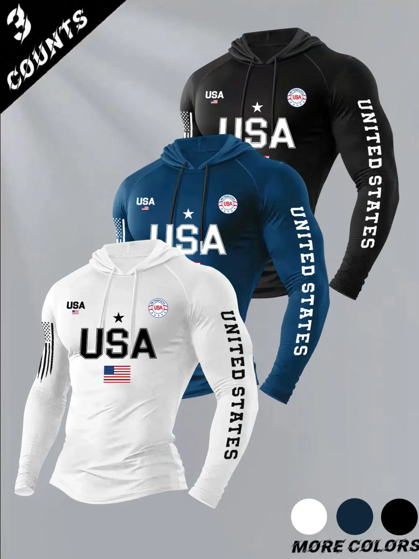 Men's Classic 3-Pack Letter Flag Print Hooded Long Sleeve T-Shirt, Casual Fitted Top for Fall & Winter Gym Wear, Casual Hoodie