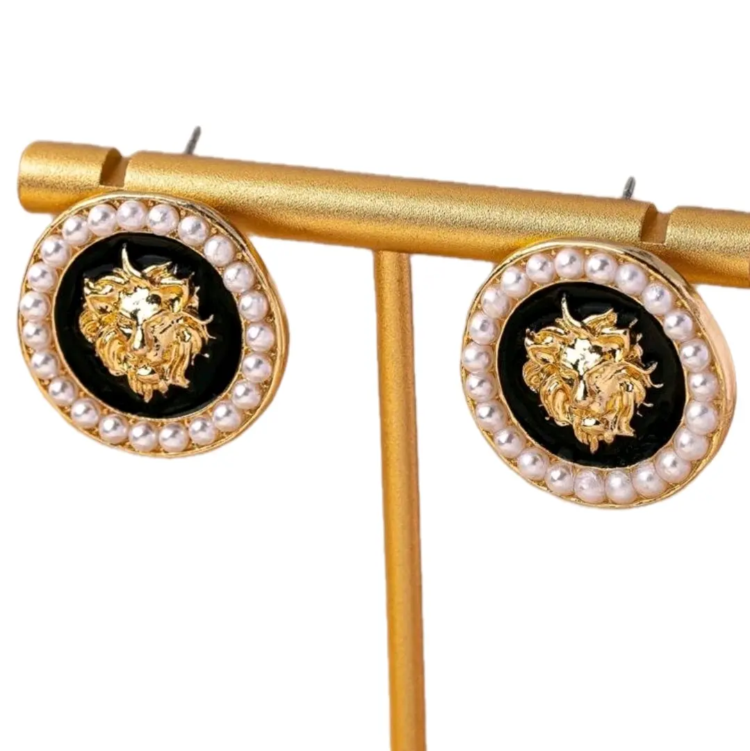 Fashionable Lion Head and Pearl Stud Earrings for Women - Hip Hop Style