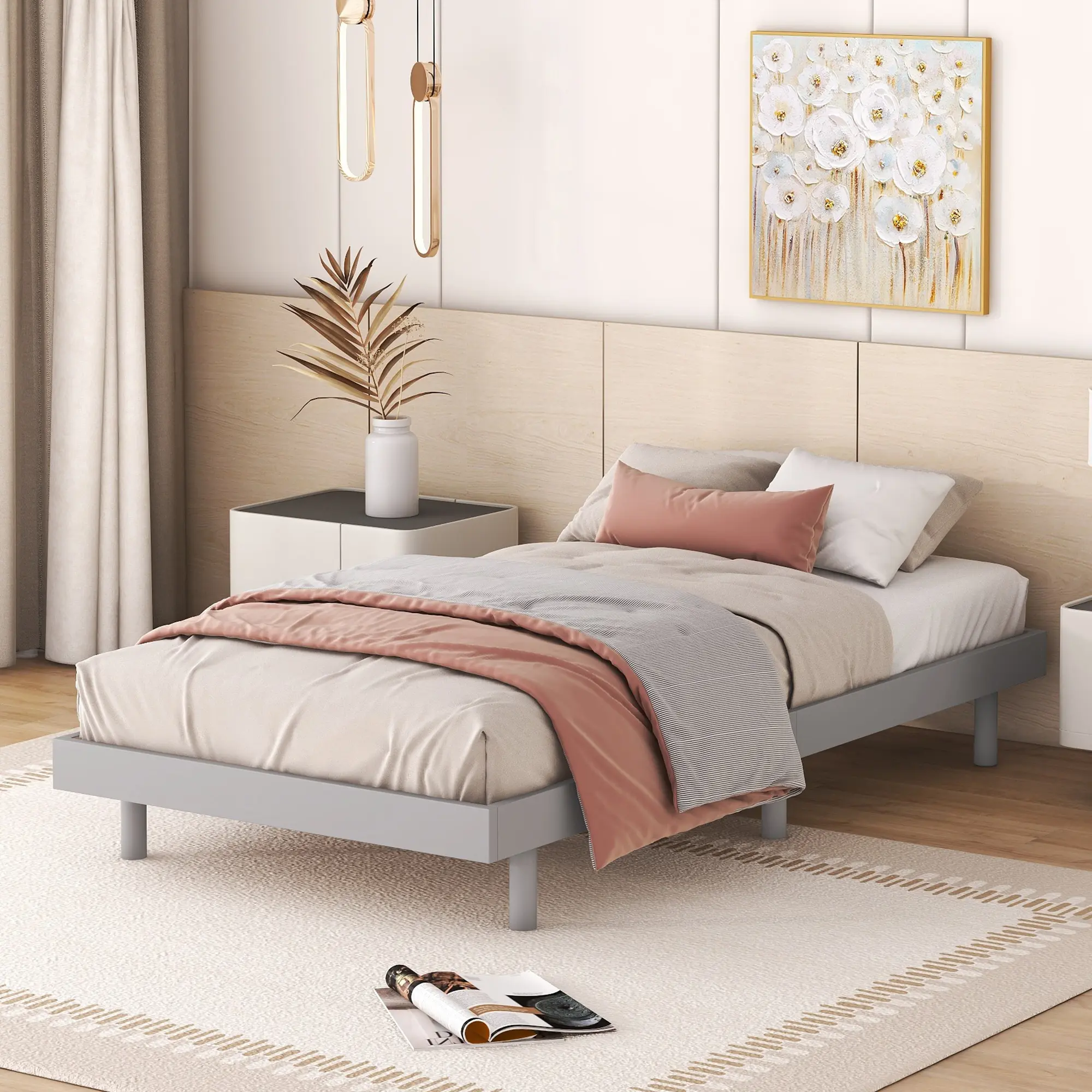 Dreamzon Modern Stable Durable Strong Particle Board Floating Platform Bed Frame - Single Twin Size, Unframed, Slat Support, Grey, Easy KD Assembly, 77.6x40.9"x10.4"h