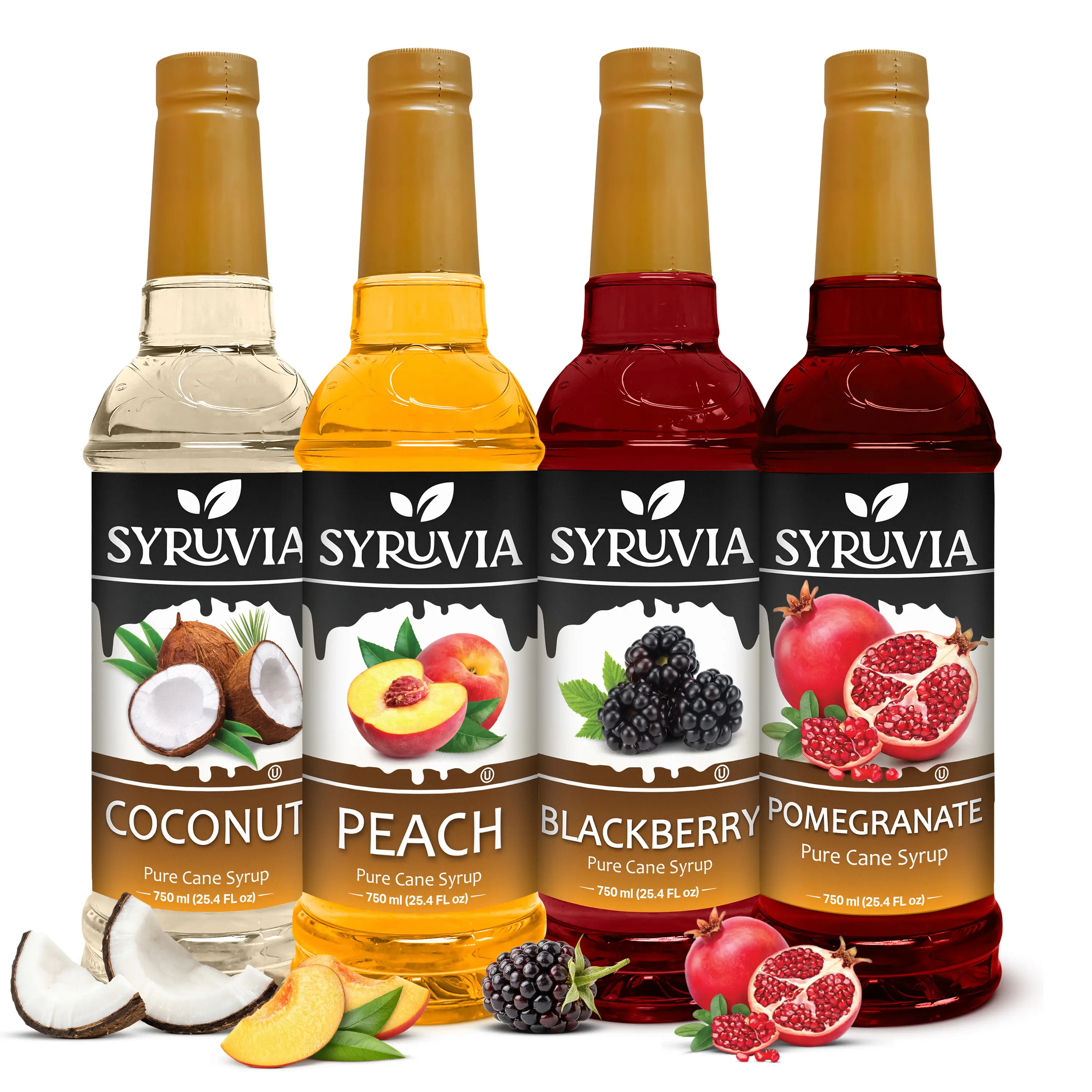 Syruvia Fruit Flavors Variety Pack – Coconut, Peach, Blackberry & Pomegranate Syrup – Perfect for Cocktails, Lemonade, Iced Tea & Beverages – 25.4 Fl oz Bottles (4 Pack)