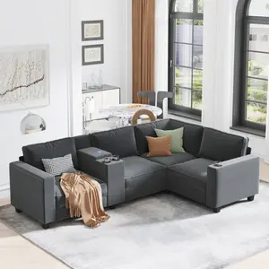 105.5'' L-shaped 4-seater Corduroy Sofa, Large Storage Armrests with Center Console, Left and Right Seats Can Be Switched, 2 Packages of 130