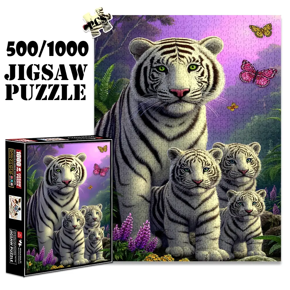 1pc 1000 piece adult puzzle 70x50cm White Tigers with Cubs and Butterflies in Forest Scene Animals 500 pieces paper jigsaw puzzle suitable for DIY creative Crafts games for adults and families, birthday and holiday