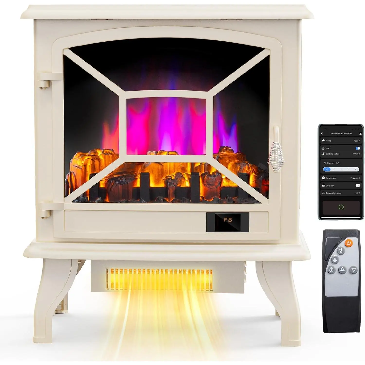 ROVSUN 23" H Electric Fireplace Stove Space Heater - 1400W Portable Free Standing Fireplace Home Appliances with Thermostat, Realistic Flame Logs, Overheat & Tip-Over Protections, CSA Approved White for Bedroom