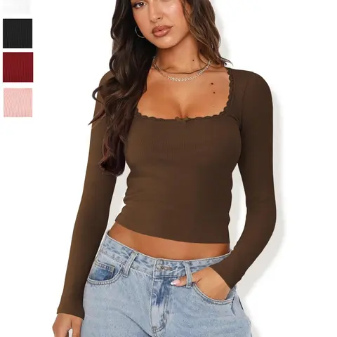 Women's Plain Bow Decor Scallop Trim Crop Tee Basic Fashion Casual Slim-fitting Long Sleeve T-shirt for Daily Wear, Ladies Spring & Fall Clothes, Tops