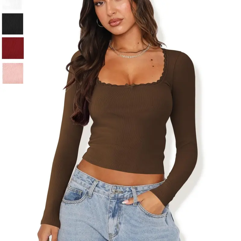 Women's Plain Bow Decor Scallop Trim Crop Tee Basic Fashion Casual Slim-fitting Long Sleeve T-shirt for Daily Wear, Ladies Spring & Fall Clothes, Tops