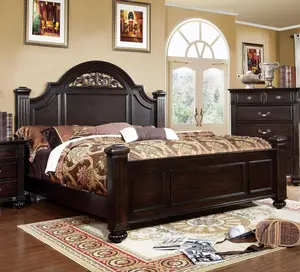 Syracuse Traditional Panel Bed with Carved Floral Accents, Fluted Posts & Wood Veneer Frame – Available in Dark Walnut or Gray – By FOA