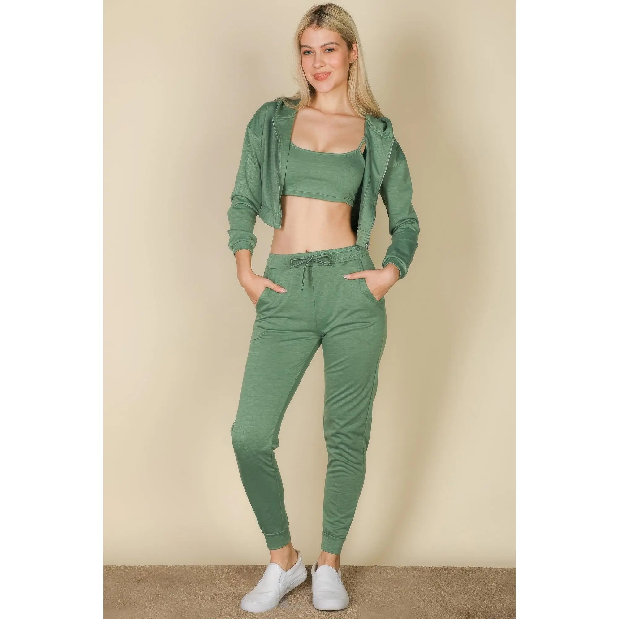 Women's 3-Piece Chic Sporty Set - French Terry Cropped Cami, Spandex Elastic Zip-Up Jacket, Joggers for Day Wear