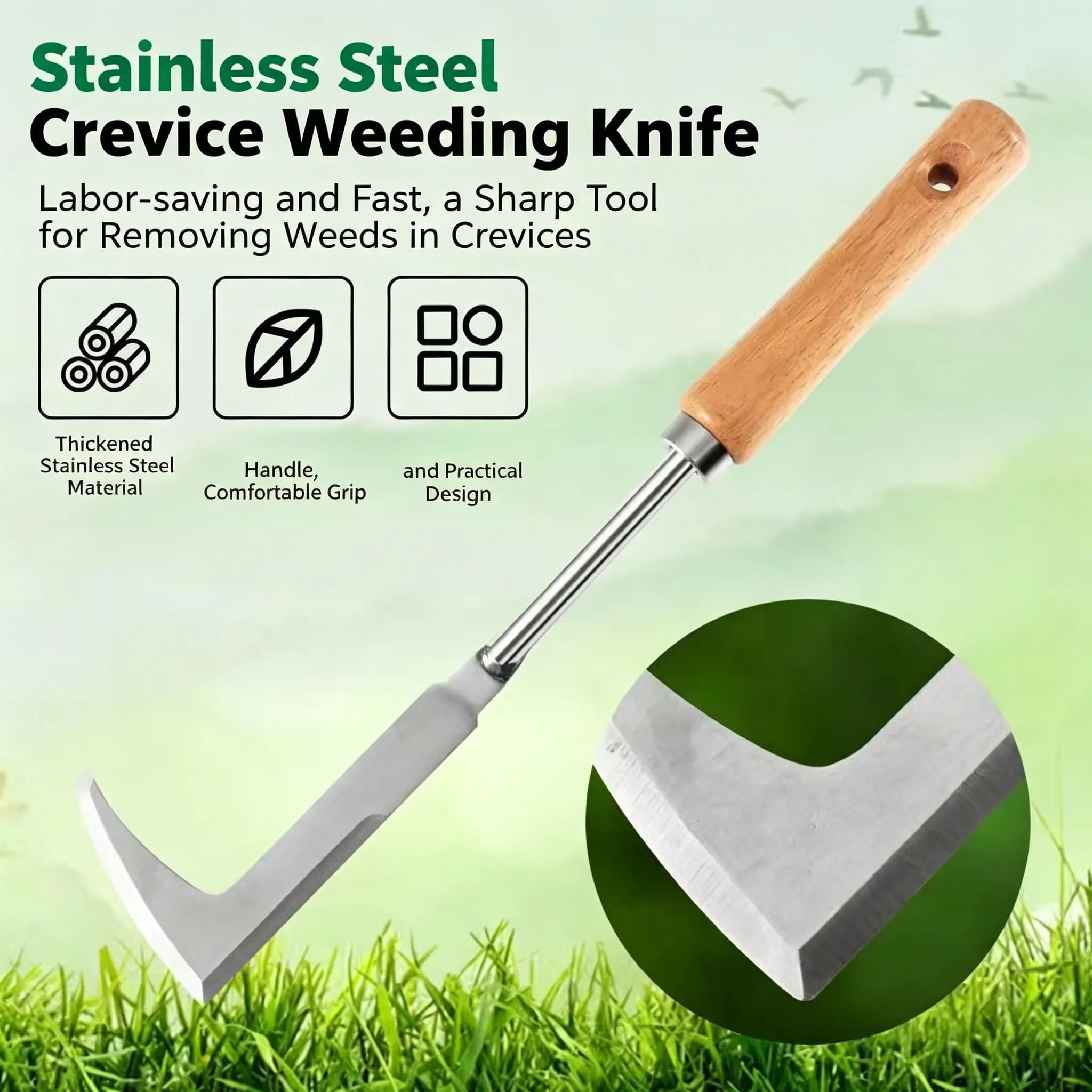 Summerwins Stainless Steel L-Shaped Anti-Rust Weed Tool - Manual Grass Puller with Beech Wood Handle, Effortlessly Removes Weeds from Sidewalks, Narrow Gaps & Garden Areas
